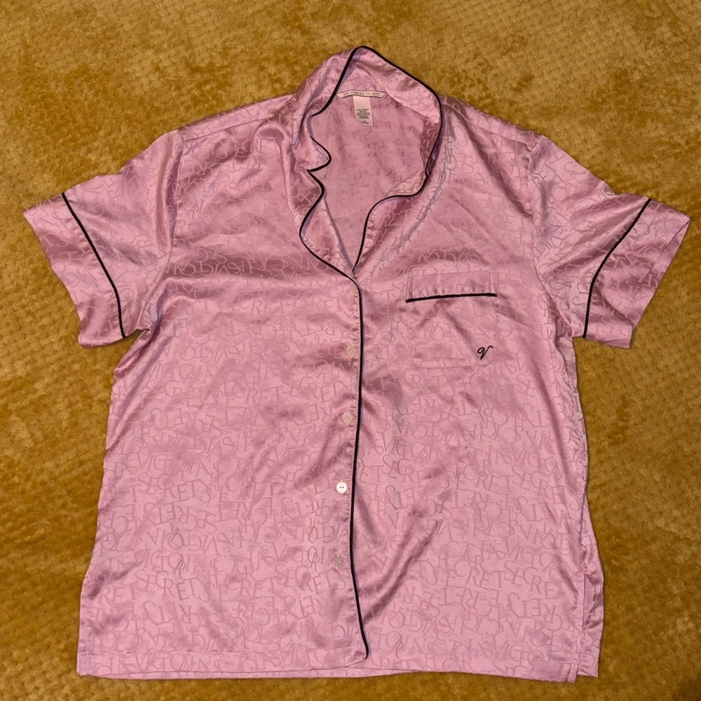 Victoria's Secret Pink Satin Short-Sleeve Pajama Top with Black Trim